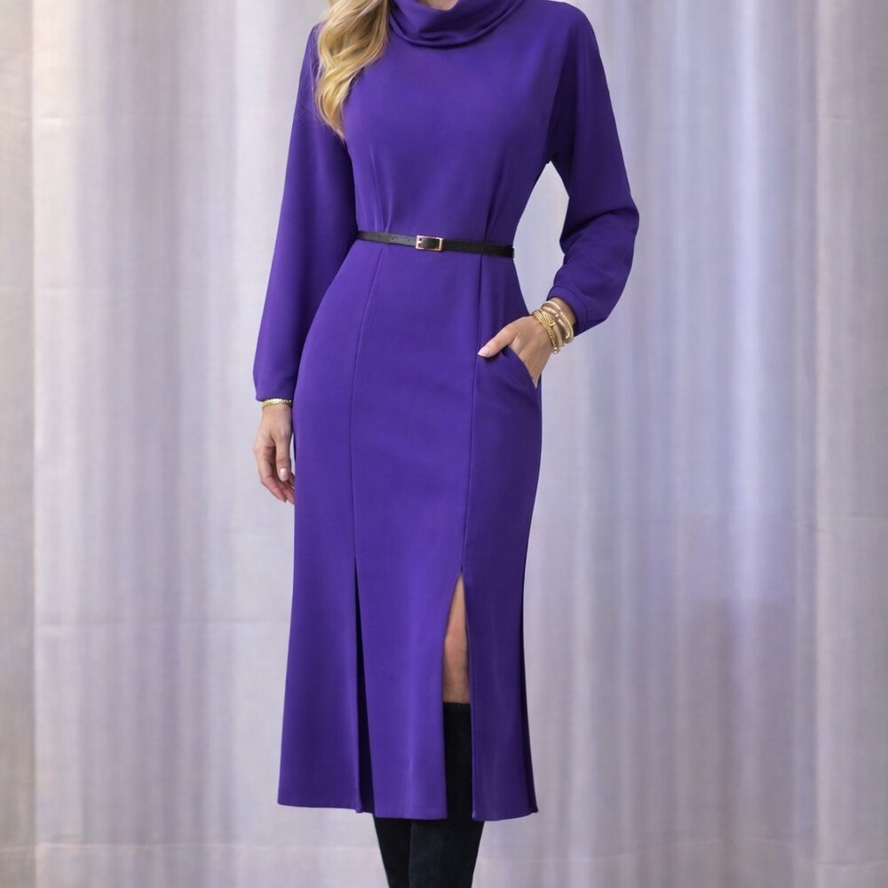 Vintage 80s 90s 100% Silk Long Wiggle Dress High Neck Turtleneck Royal Blue Med